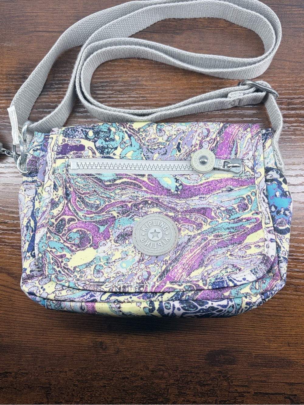 EUC Kipling Sabian Marble Crossbody Bag - Purple, Teal & Yellow